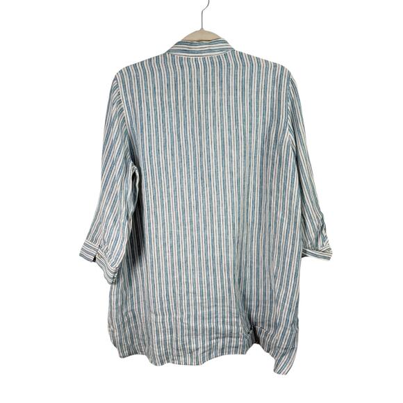J Jill Love Linen Blue White Striped Popover Shirt Coastal Cottage Womens M Tall - Picture 7 of 7